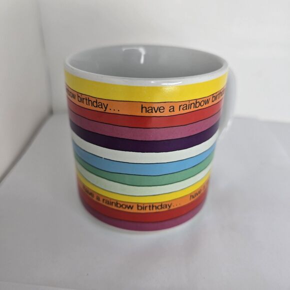 Russ Berrie Have A Rainbow Birthday Striped Coffee Mug Vintage Multicolor Korea - Picture 2 of 8